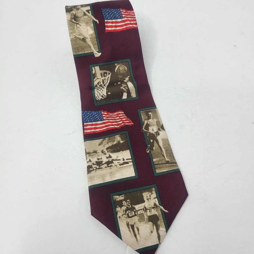 Chaps Ralph Lauren Silk Tie Vintage USA Flag Olympic Sports Burgundy Necktie Men